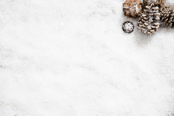 snow wallpaper for winter and December copy space, flat lay
