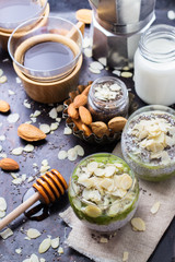 Chia seed pudding with almond milk and fresh fruit topping