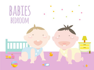 Illustration of babies crawling inside bedroom with elements of childhood.