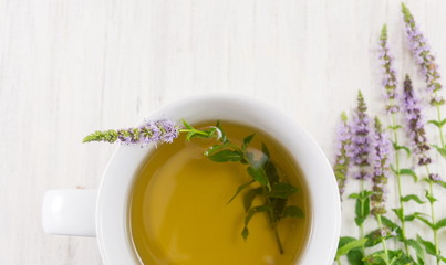 Mint tea with herbs in a teacup