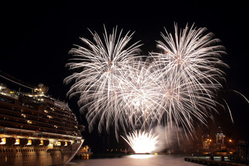 Beautiful and pyrotechnic fireworks in Genoa, Italy / Fireworks in Genoa harbur, Italy;