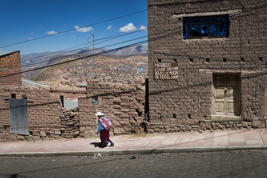 Potosi, Bolivia - November 29, 2013: Women wearing traditional clothes in the city of Potosi in Bolivia. 
