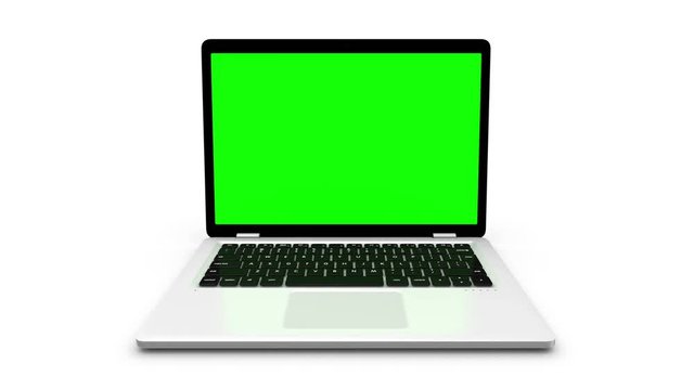 Modern laptop appearing from the side, isolated on a white background. 
Animation with green screen and alpha channel.