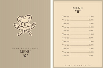 menu design with whiskered cook and kitchenware