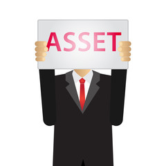 businessman holding a white board with ASSET in front of his hea