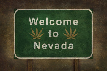 Welcome to Nevada with marijuana leaf roadside sign with ominous