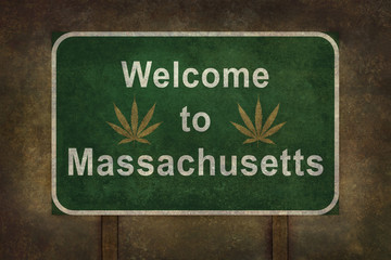 Welcome to Massachusetts with marijuana leaf roadside sign with