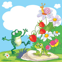 Fine summer day. Two cute frogs, a snail, flowers and strawberry. Illustration for children. Greeting card with free space for your text