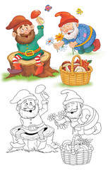 Obraz na płótnie Canvas Snow White and seven dwarfs. Fairy tale. Illustration for children. Coloring book. Cute dwarfs isolated on white background. Cartoon characters.