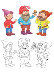 Snow White and seven dwarfs. Fairy tale. Illustration for children. Coloring book. Cute dwarfs isolated on white background. Cartoon characters.