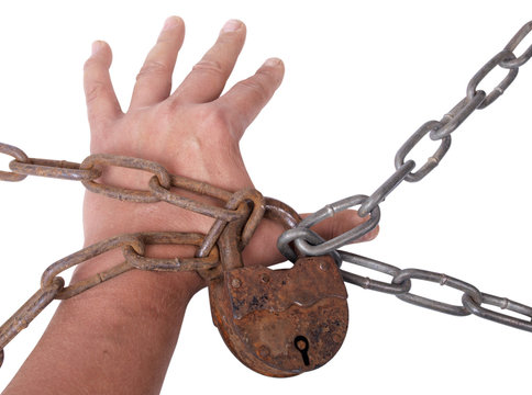Metal chain and lock whit hand on white background
