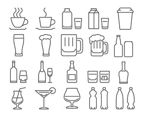 Modern line style icons set: Drinks, beverages in various containers