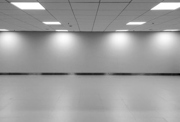 Perspective view of Empty Space Classic Monotone Black White Office Room with Row Ceiling LED Light Lamps and Lights Shade on Wall for Gallery Interior / Template to Mock Up Display Office Furniture