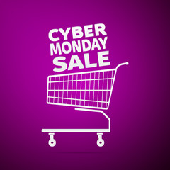 Cyber Monday Sale. Shopping cart flat icon over purple background. Vector Illustration