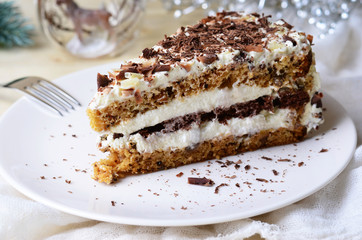 Delicious Cake on Bright Festive Christmas or New Year Background