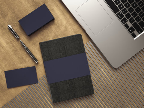 Notebook, pen and laptop on the desk. High resolution. 3D.