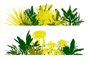 Jungle plant leaves silhouettes in detailed forest background co © kstudija