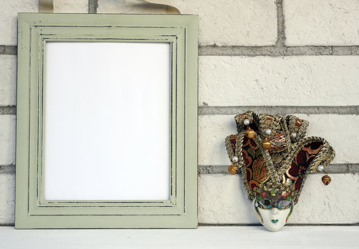 Empty picture in frame shabby chic, vintage style. Scandinavian style home interior decoration. Copy paste image.