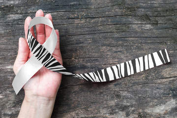 Carcinoid Cancer Awareness ribbon zebra stripe pattern on helping hand & old aged wood background: Satin fabric loop symbolic logo raising support help people with tumor illness in November
