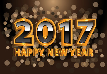 Happy New Year 2017 gold and silver on dark brown bokeh design background vector illustration.