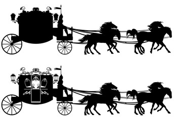 retro style carriage with horses black and white vector design