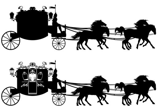 retro style carriage with horses black and white vector design