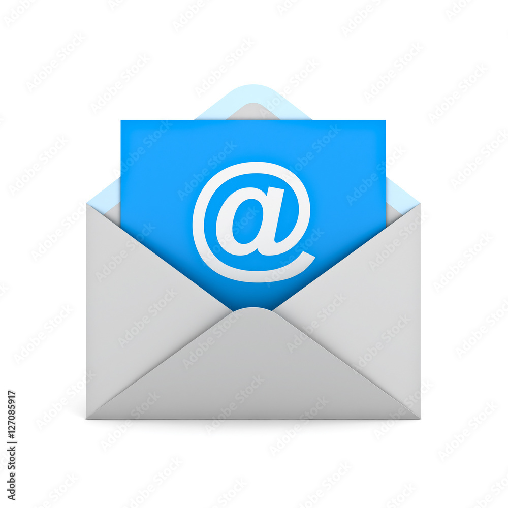Poster Email concept at sign on blue paper in white envelope isolated over white background with shadow 3D rendering