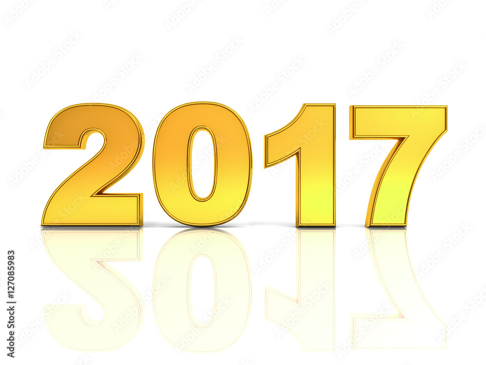 Poster Happy new year 2017 3D gold text concept isolated over white background with reflection and shadow 3D rendering