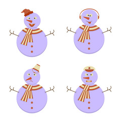 Set of Snowmans with Emotional expression faces icons in flat style. Vector illustration