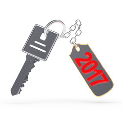 Silver key and red text 2017 on metal label isolated on white background. 3D illustration
