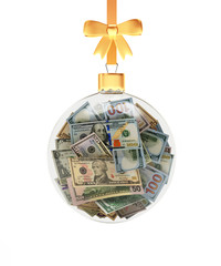 Glass Christmas ball full of dollar bill hanging on golden ribbon isolated on white background. 3D illustration