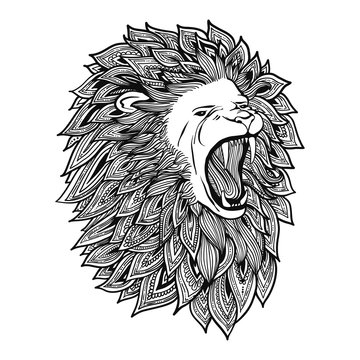 Ethnic patterned head of Lion roar , Animals. Black white hand drawn doodle. Ethnic pattern vector illustration. Sketch for avatar, tattoo, poster, print or t-shirt.