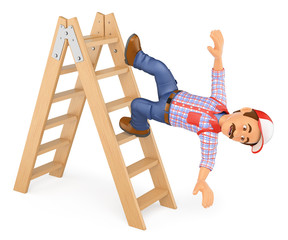 3D Worker falling off a ladder. Occupational accident