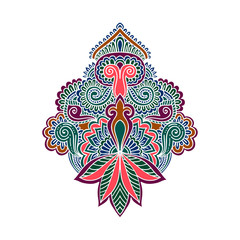 Fototapeta premium Vector ornamental Lotus flower, ethnic art, patterned Indian paisley. Hand drawn illustration. original design in doodle and zentangle style. Tattoo, astrology, alchemy, boho magic symbol.