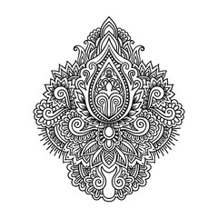 Vector ornamental Lotus flower, ethnic art, patterned Indian paisley. Hand drawn illustration in zentangle and doodle style. antistress coloring page for adult  children.