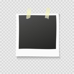 Realistic vector photo frame on sticky tape. Template photo design. Polaroid on transperent