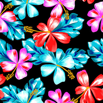 colorful tropical hibiscus print - seamless background