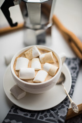 Warm cozy home. Tray and cup of coffee with marshmallows 