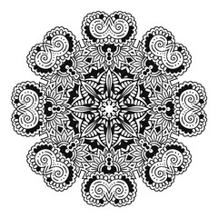 Hand Drawn Henna Abstract Mandala Flowers and Paisley Doodle, antistress for adult Coloring Page for coloring book