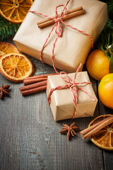 Christmas decoration with gift box and mandarines
