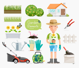 Conceptual of Gardening . Gardener and Garden tools equipment. V