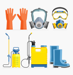 Set of pesticide tool. Gas mask and sprayer. Vector illustration