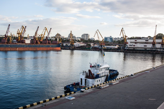 tow ship and sea port background 