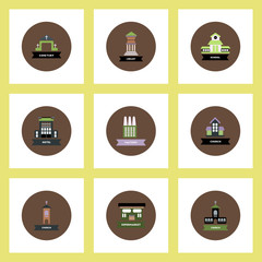 Collection of stylish vector icons in colorful circles different kinds of buildings