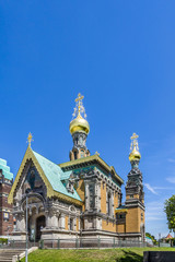 Fototapeta na wymiar orthodox russian chappel Darmstadt under blue sky