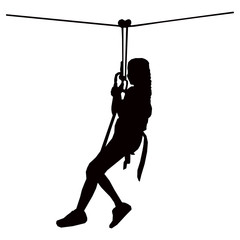 Sport weekend action in adventure park. Silhouette of girl climbing in rope.