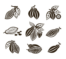 Cacao beans vector icons or cocoa pod signs