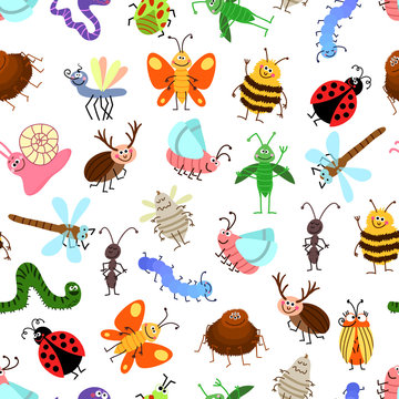 Fly and creeping cute cartoon insects vector pattern for happy kids