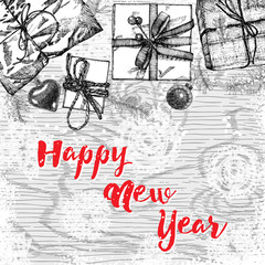 Happy New Year. Greeting card with calligraphy. Hand drawn design elements with hand written modern brush lettering. 