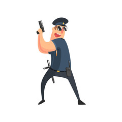 Policeman In American Cop Uniform With Truncheon, Radio, Gun Holster And Sunglasses Holding The Pistol